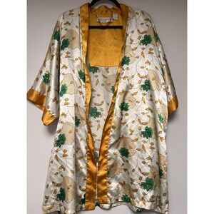 Contessa Di Roma Floral Kimono Robe‎ Women Large Gold Ivory Excellent Satin